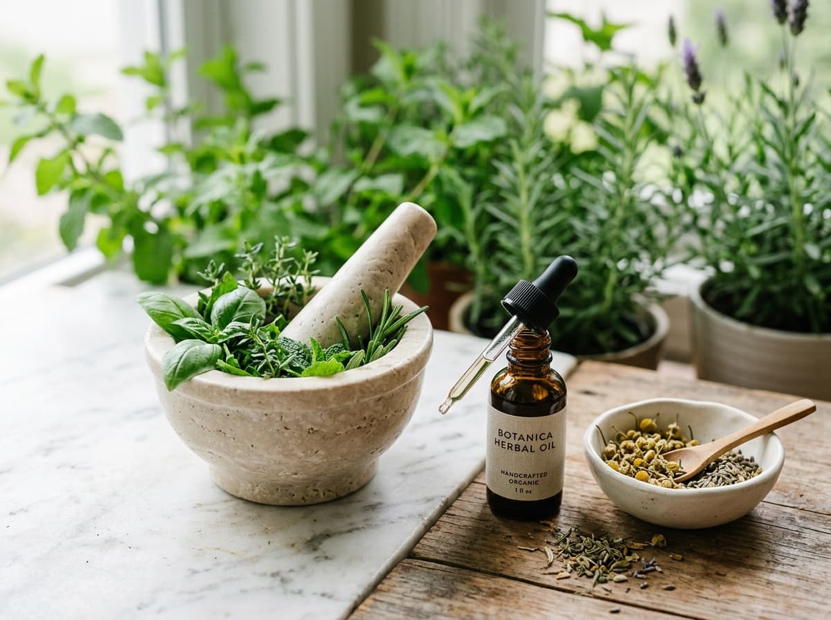 Natural herbs, mortar and pestle, and botanical oil bottle